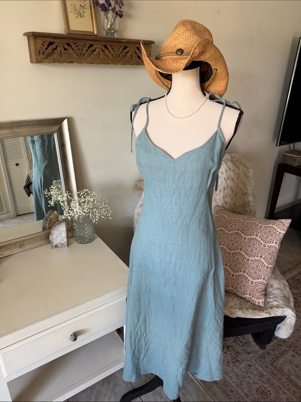 Earth speaks 100% hemp sleeveless boho prairie cottage midi dress M